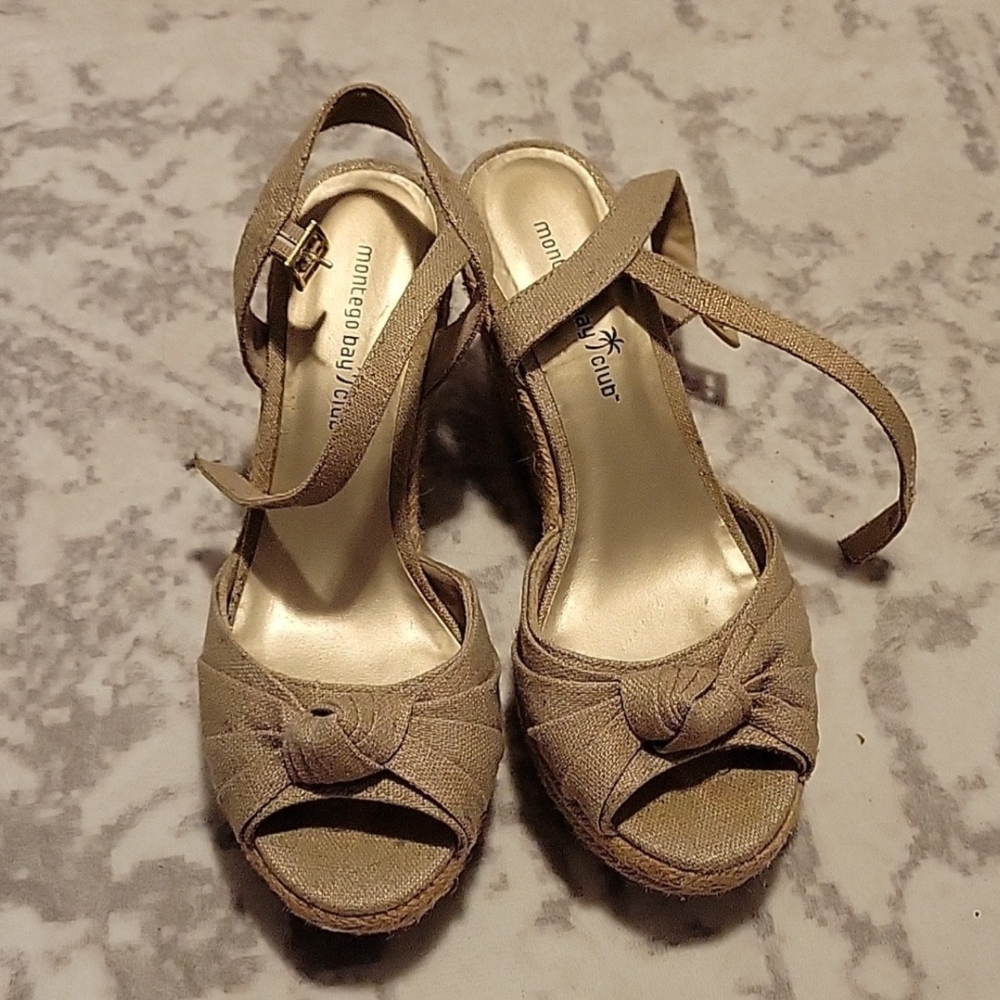 Montego Bay Club Tan Wedge Sandals with Ankle Straps
